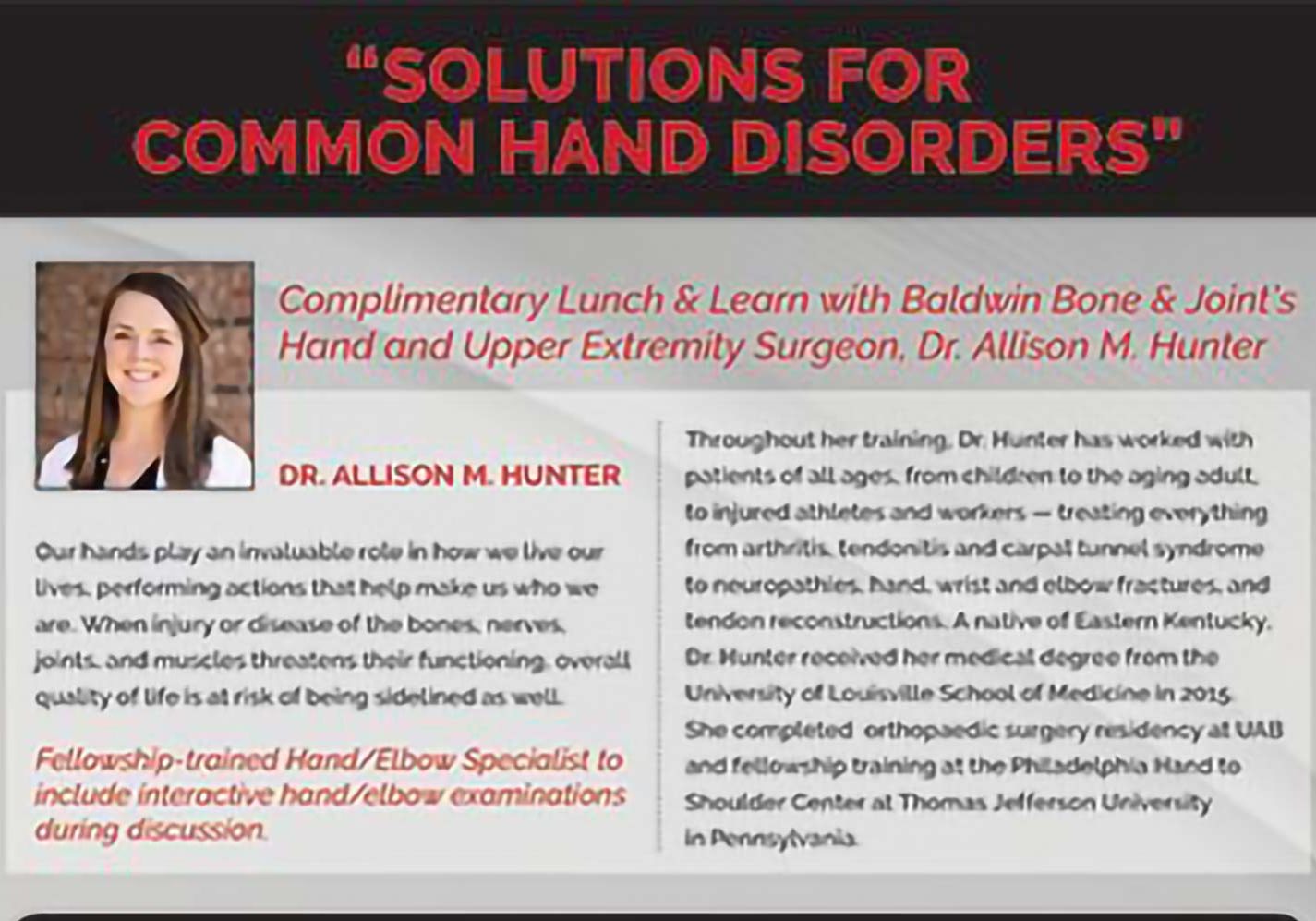 Baldwin Bone &amp; Joint To Host Hand Disorder Seminar